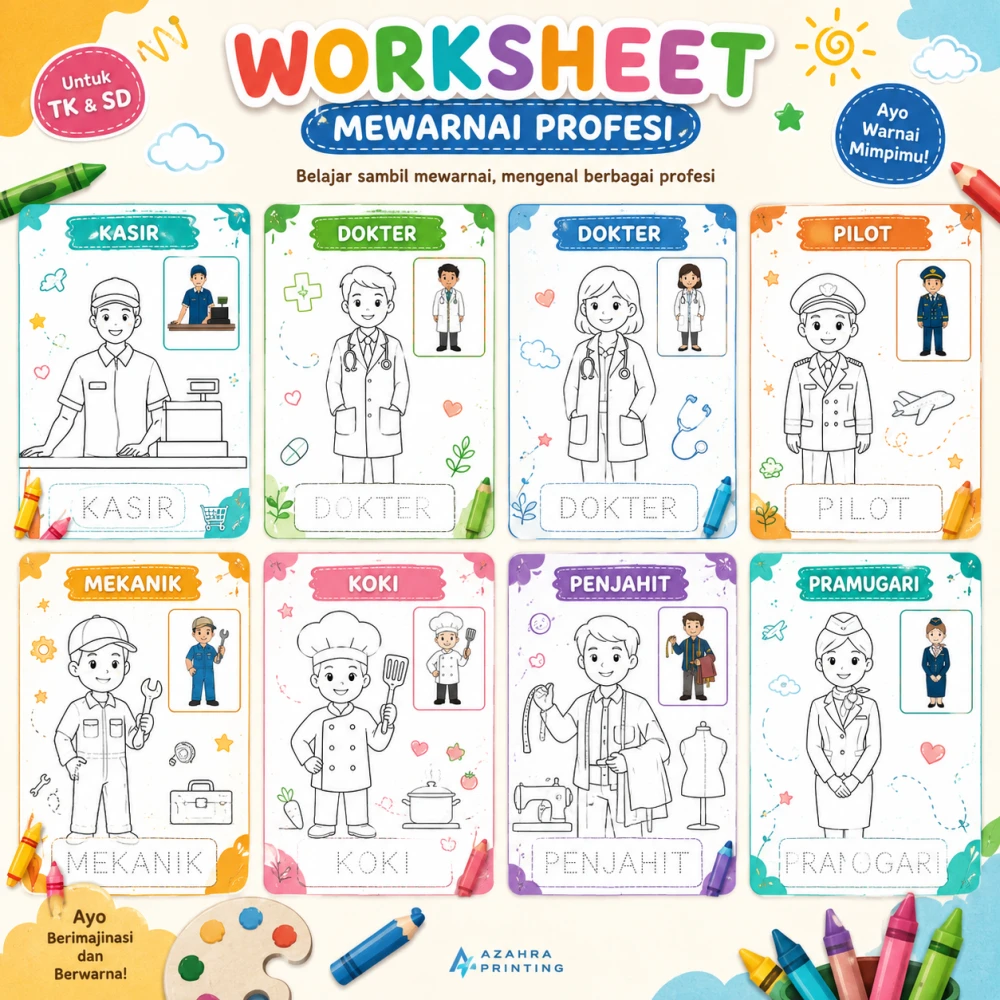 Worksheet Lembar belajar mewarnai profesi pekerjaan 20 lembar