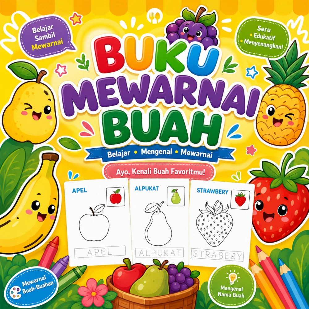 Worksheet Lembar belajar mewarnai buah isi 20 lembar